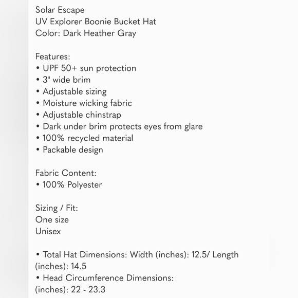 Solar Escape UV Explorer Boonie Bucket Hat Unisex Gray - Picture 7 of 7